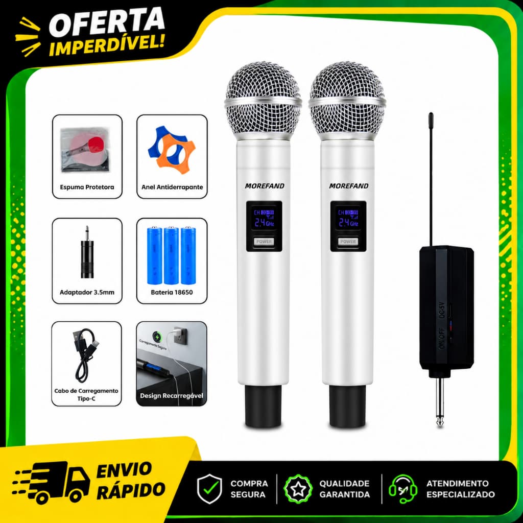 Microfone Sem Fio Profissional MOREFAND Kit 2 Unidades Branco 2.4G Cardioide 24h Type-C Karaokê Pagode