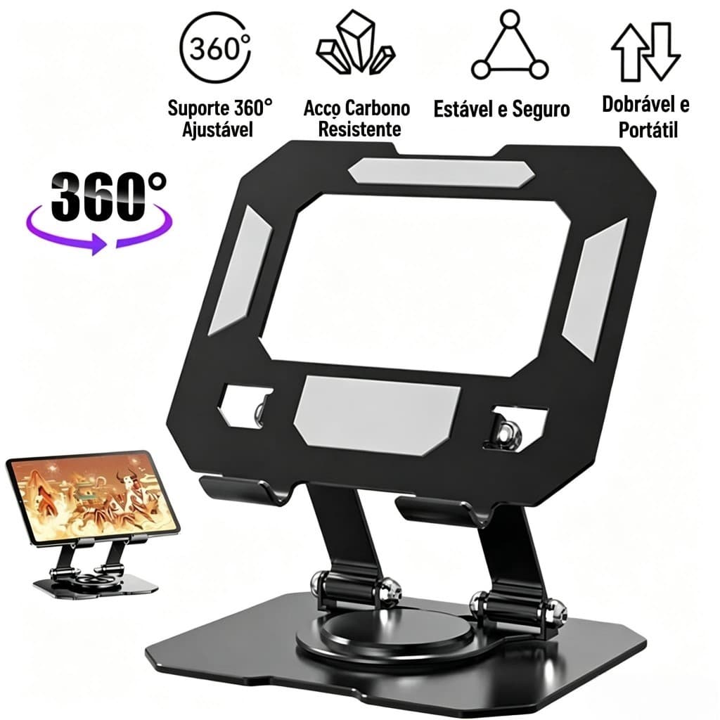 Suporte Mesa 360° Ajustável Dobrável Aço Carbono Ergonômico para Notebook Tablet Celular