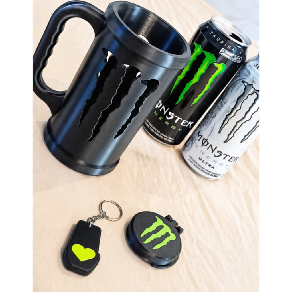 Kit 3 em 1 Suporte Monster 473ml Personalizado | Porta Lata Com Nome + Tampa + Abridor/chaveiro