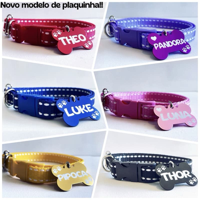 Coleira para cachorro com plaquinha de identificação personalizada