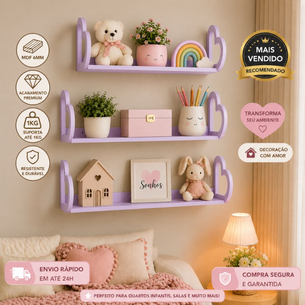 Kit 3 Prateleiras Modelo Amor Corações Decoração Quarto Sala
