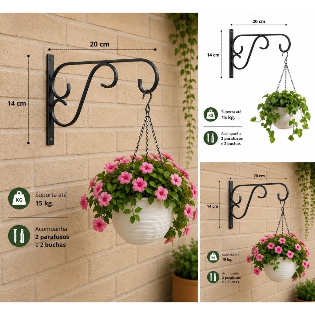 Suporte Ferro 20 cm Rústico Mão Francesa ideal Jardim Pendurar Plantas Flores Samambaia Xaxim Vasos