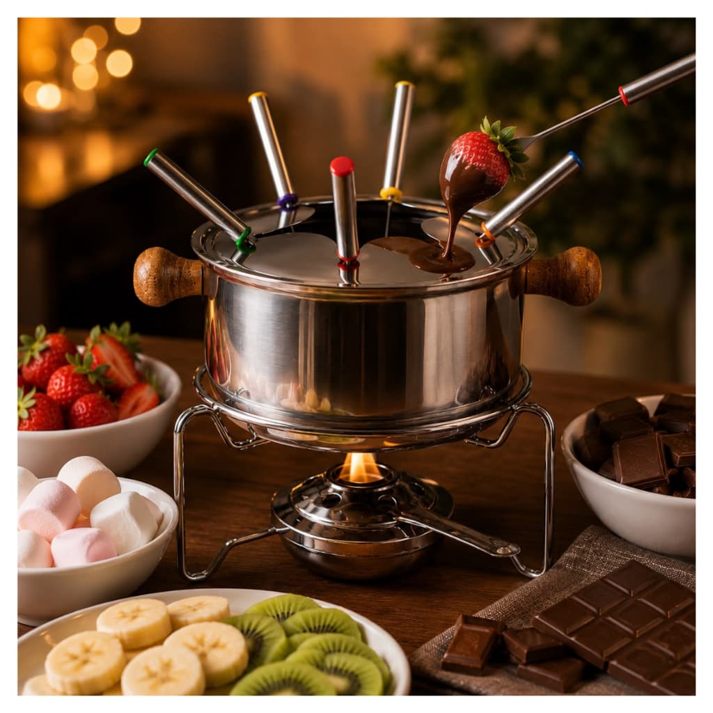 Aparelho de fondue inox 9 peças com 6 garfos panela suporte queimador para chocolate queijo