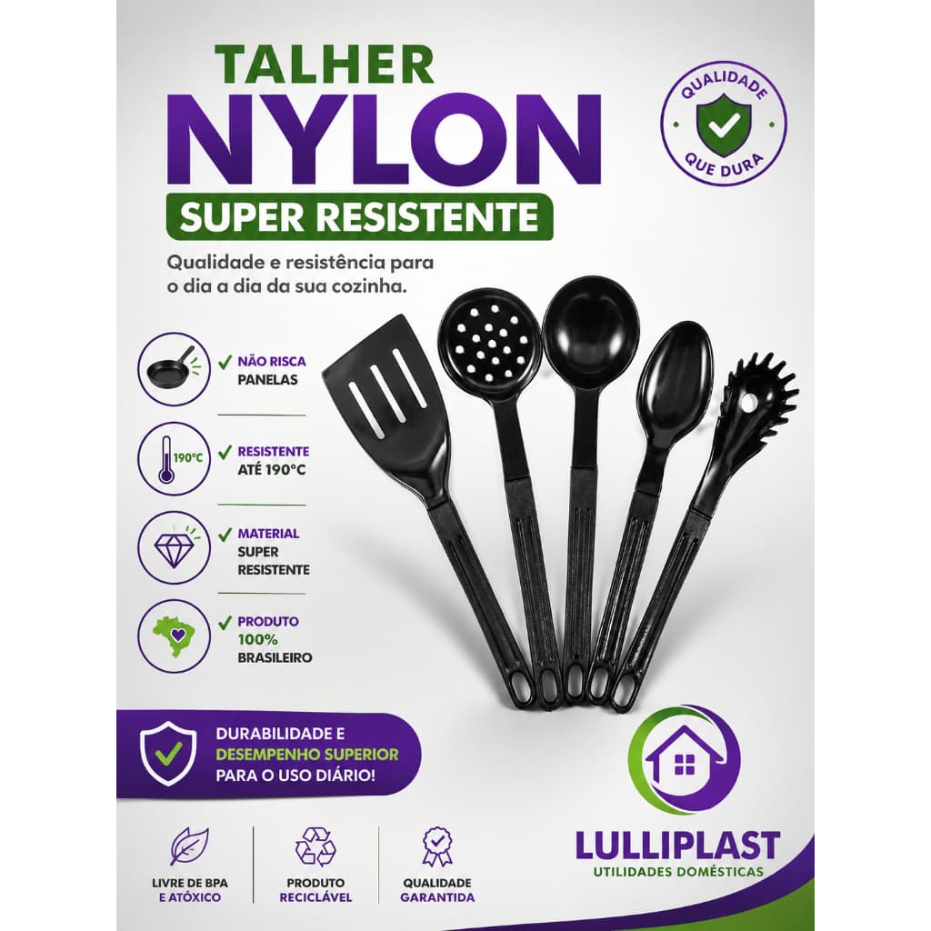 Talher Plástico Nylon Antiaderente Concha Espátula Colher Pegador Escumadeira