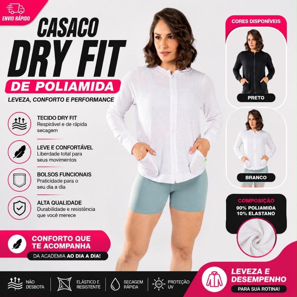Casaco Fitness Feminino Dry Fit Poliamida Com Zíper e Bolsos Academia Caminhada Corrida