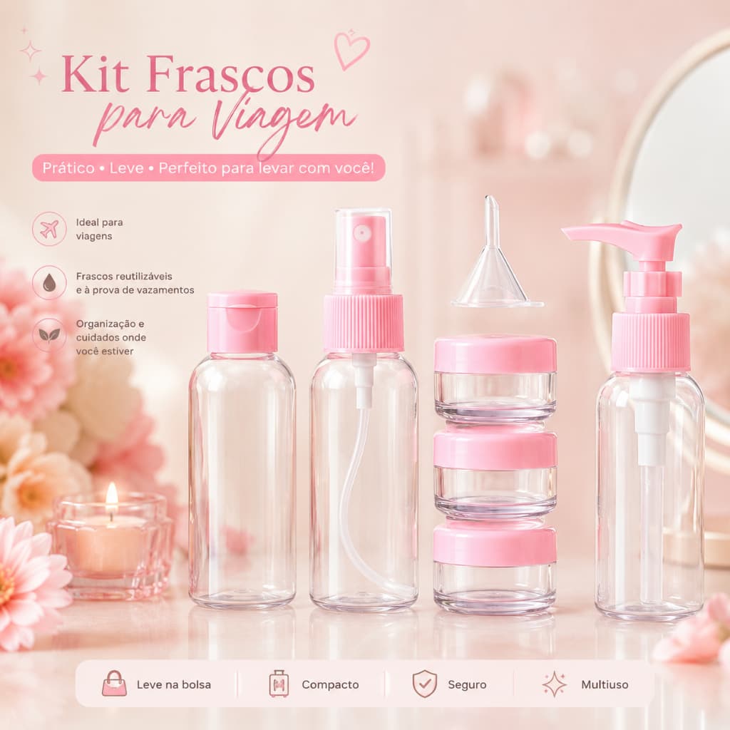 Kit 6 Frascos para Viagem + Funil e Espátula | Compacto, Reutilizável Para Shampoo, Creme e Skincare
