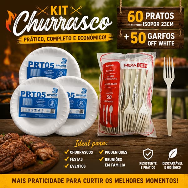Kit Churrasco Descartável – 60 Pratos de Isopor 23cm + 50 Garfos Off White |para Festas, Churrascos e Eventos