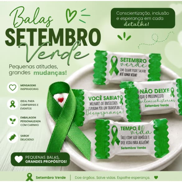 Balas Personalizadas Setembro Verde | Conscientização sobre Doação de Órgãos | Kit para Empresas, Escolas e Eventos