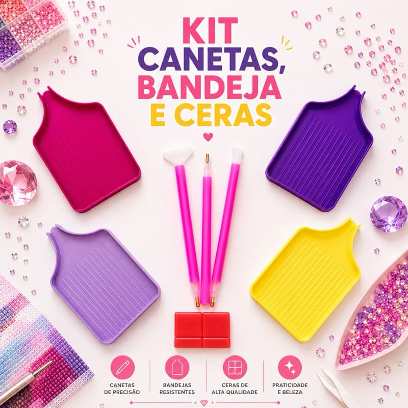 Kit Acessórios para Pintura Diamante com Canetas Bandeja e Ceras Diamond Painting