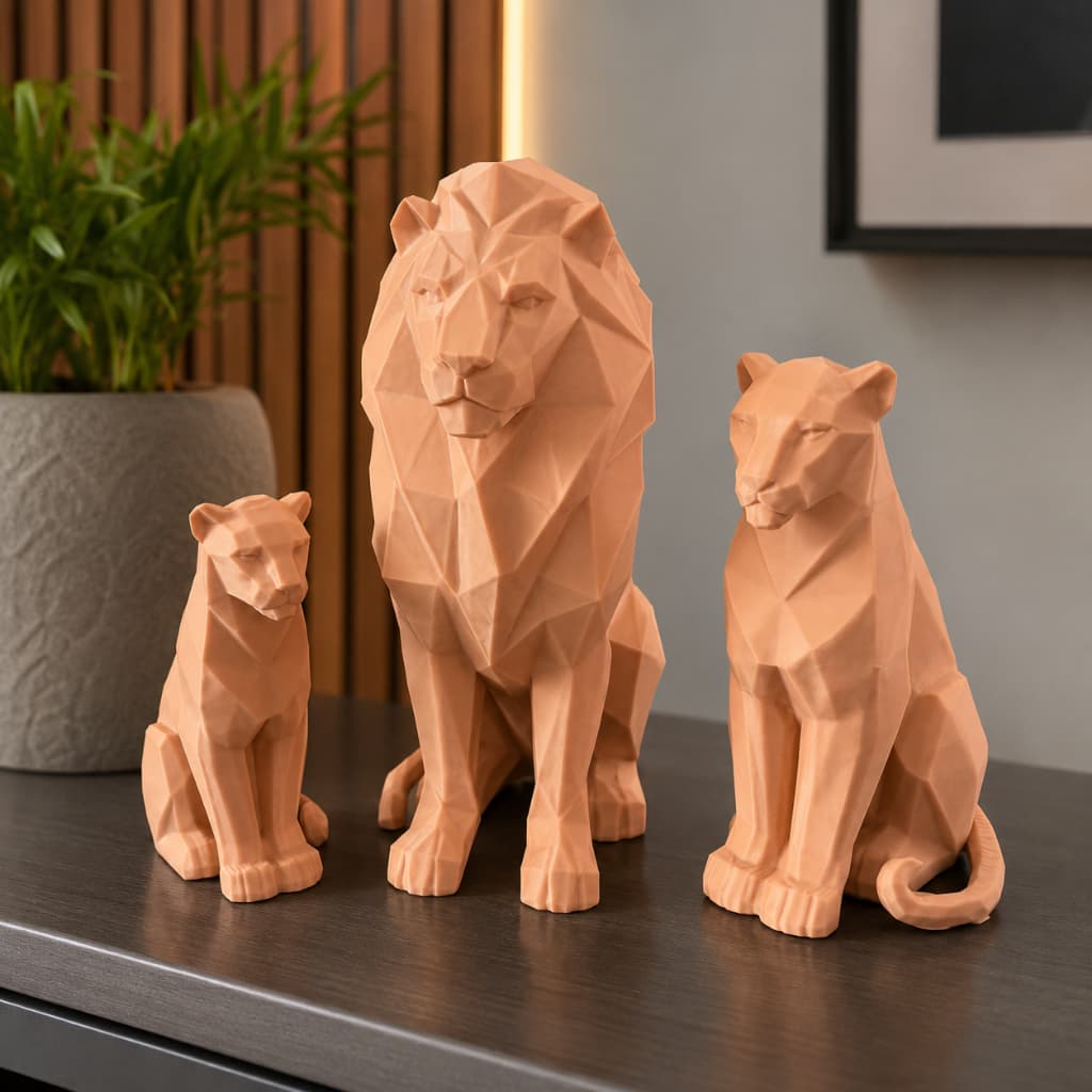 Escultura Leão Família Kit 3 Peças Decorativas Geométricas Para Sala Aparador Estante Escritório Presente Sofisticado