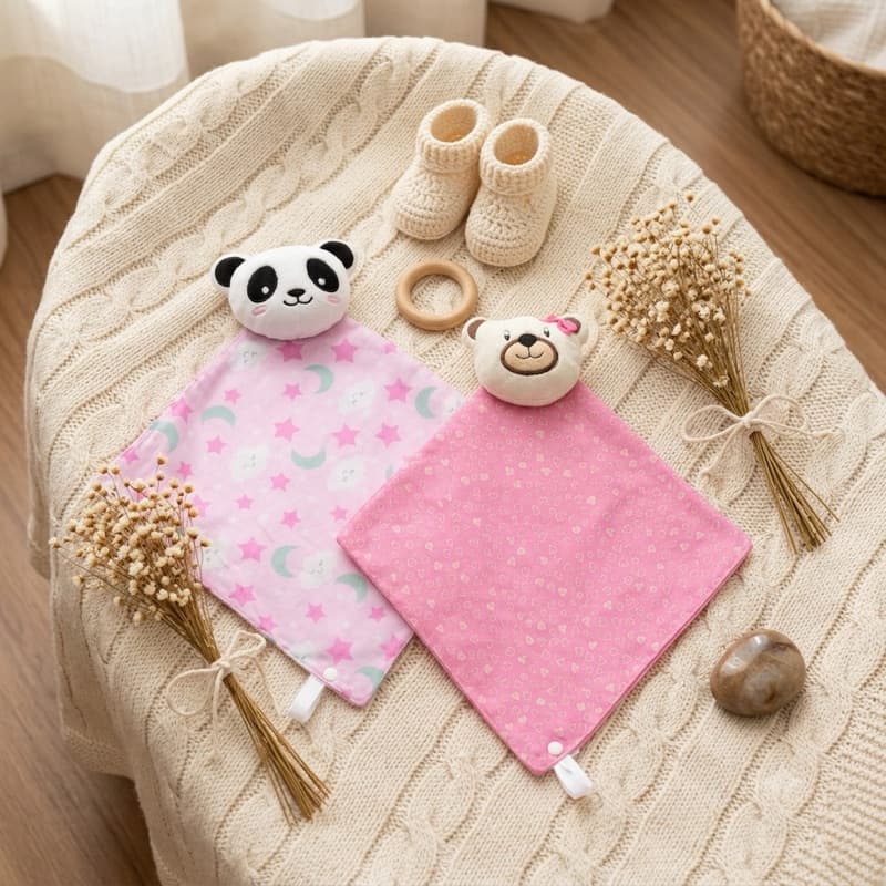 Kit 2 Naninhas Bebê Sortidas Panda e Ursinha – Naninha de Apego Fofinha e Ma