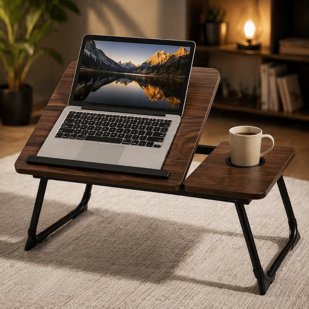 Mesa Para Notebook Dobrável Regulável Home Office Cama Sofá Com Porta Copos E Suporte Tablet