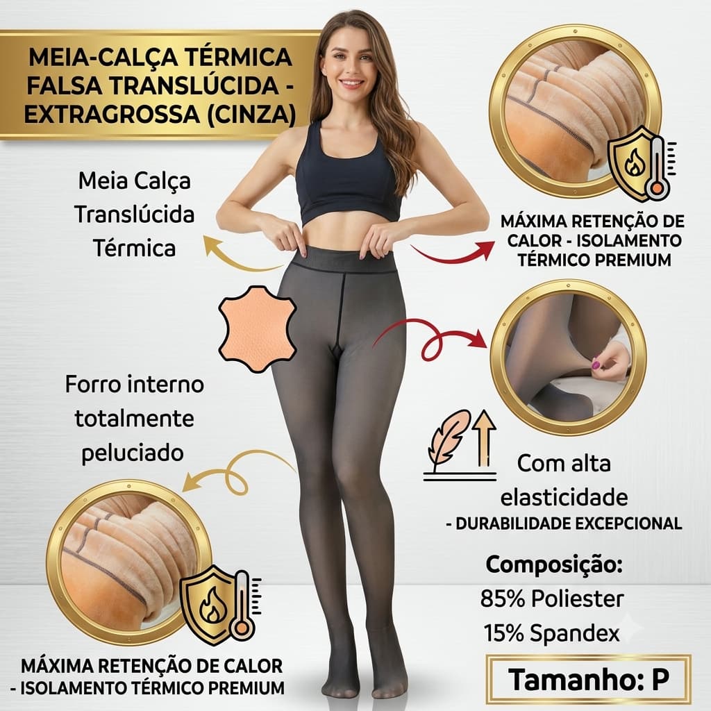 Cinza - (P) - Meia calça peluciada fina termica 85g