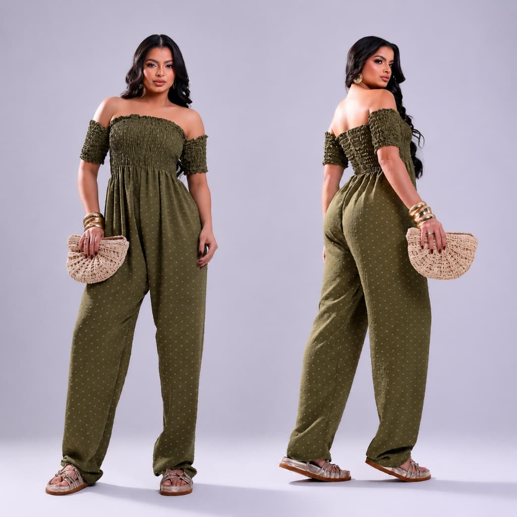 Macacão Feminino Pantalona Duna Pipoca Tomara Que Caia Ombro a Ombro em Lastex