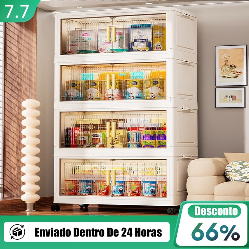 Dobrável Armário Organizador Empilhável com Rodas Multifuncional e Duas Portas Magnética