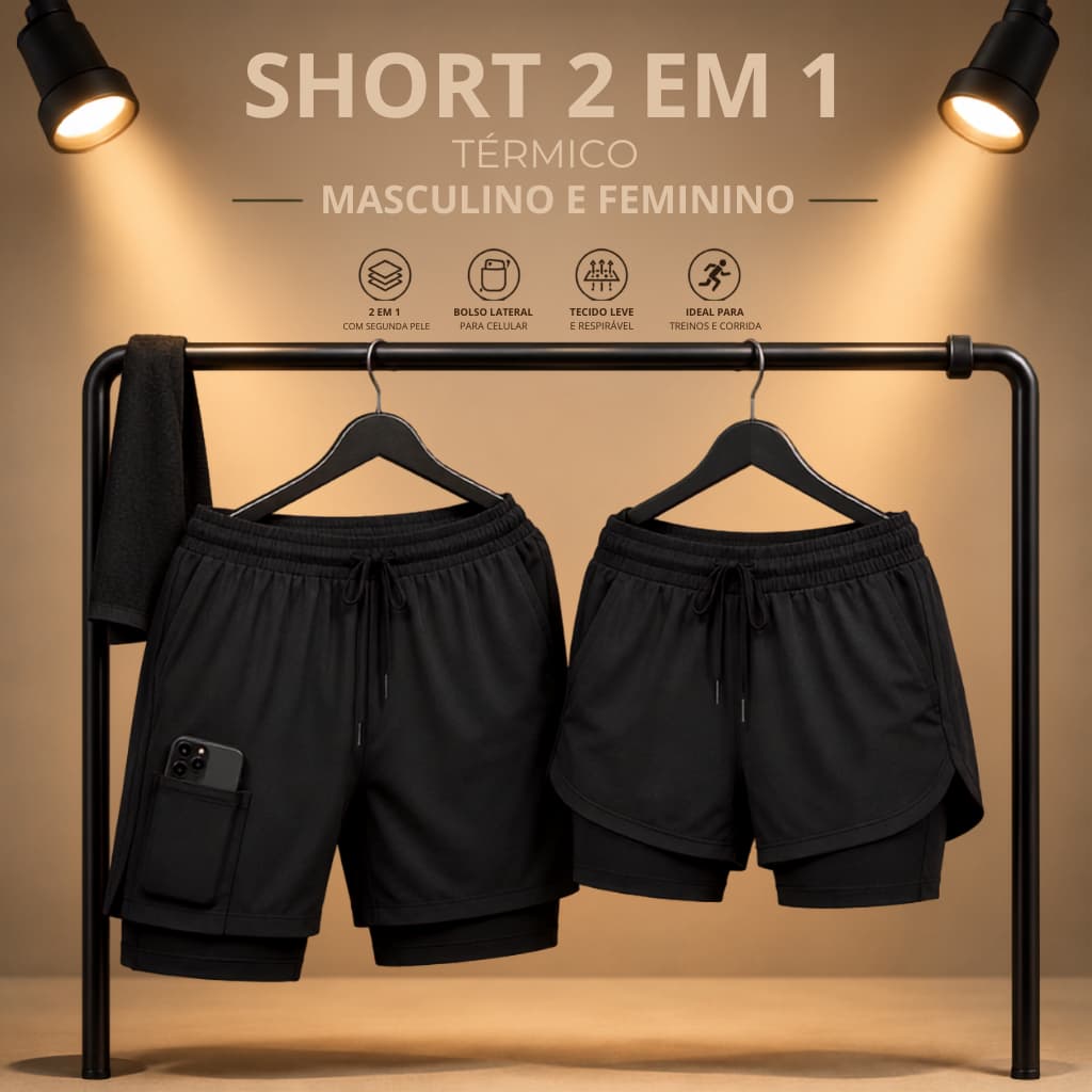 Short 2 em 1 Masculino Feminino Academia Corrida Treino Fitness Com Bolso Para Celular
