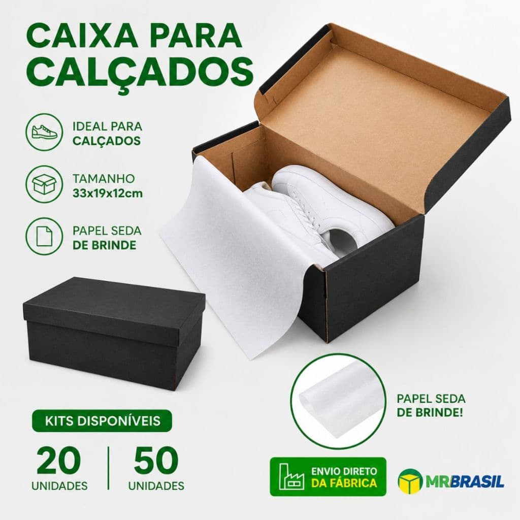 Caixa Para Sapatos Preto Fosco 33x19x12 - Kit com papel seda de brinde Envio Imediato