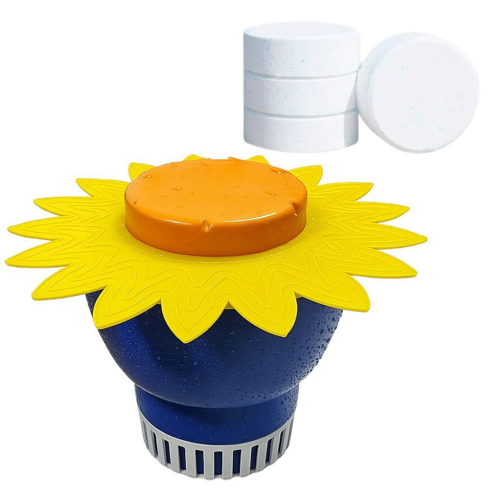 Dosador Flutuante Girassol Para Limpeza De Piscinas Capacidade Até 600g + 10 Pastilhas De Cloro 200g