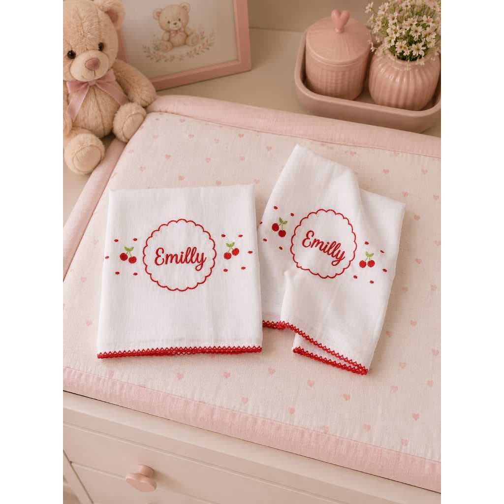 Duo de Fralda de Boca Bordada Personalizada Cereja Moldura Enxoval de Bebê