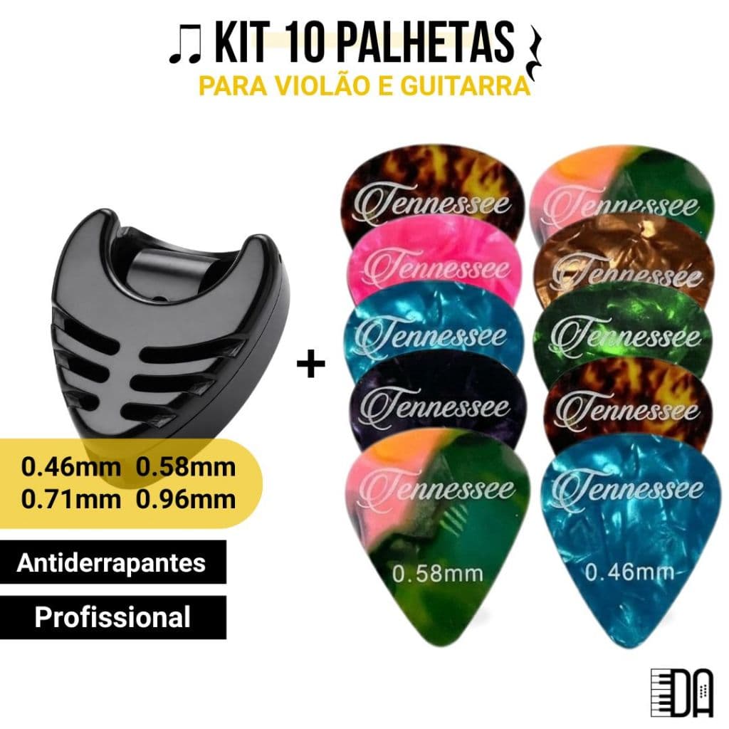 Kit 10 Palhetas Antiderrapantes com Porta Palhetas Autoadesivo para Violão e Guitarra 0.46 a 0.96mm