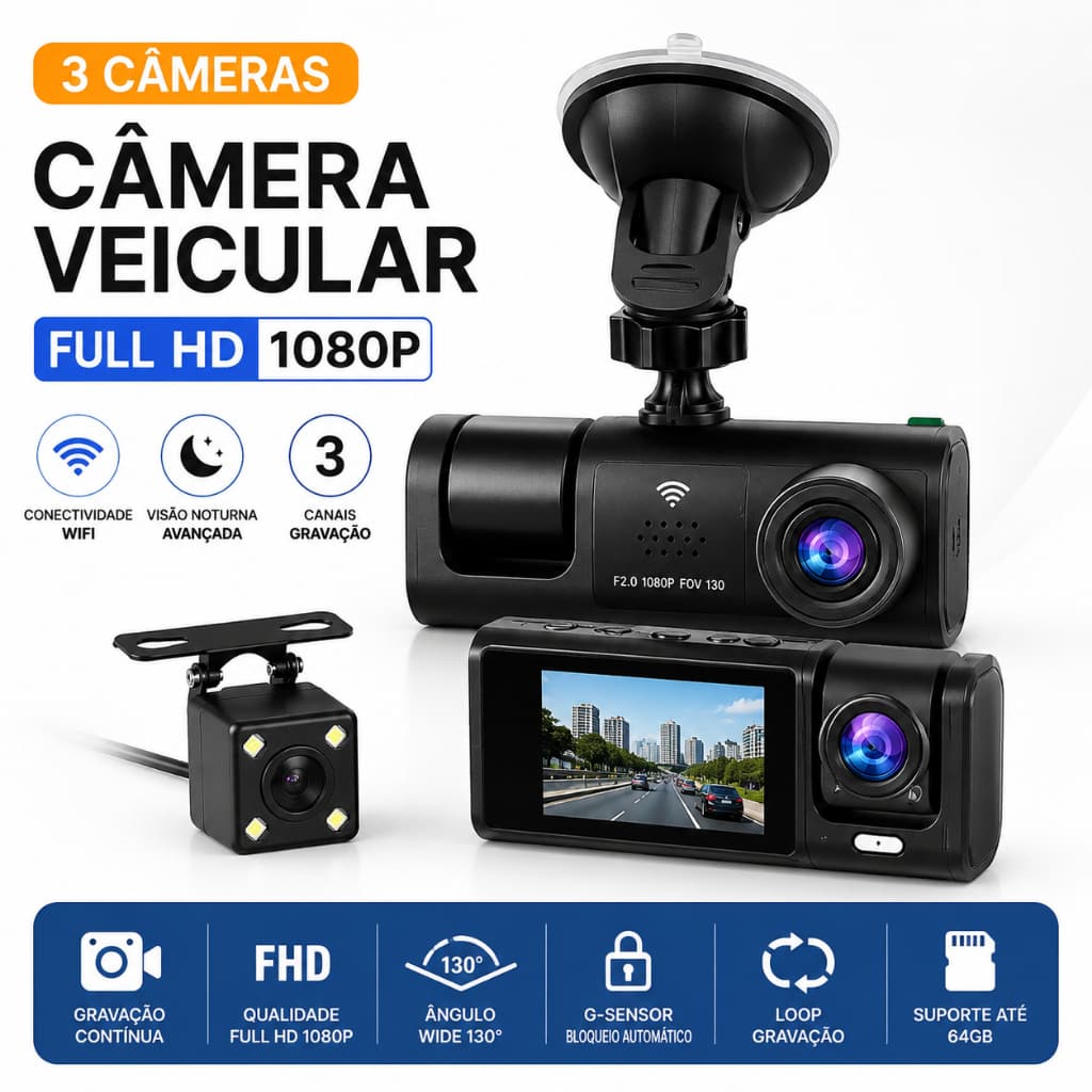 Câmera Veicular 3 Canais WiFi Full HD 1080p DVR Visão Noturna Para Carro