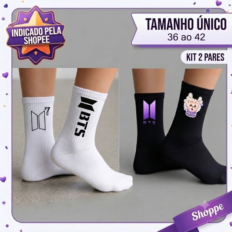 Kit 3 Pares Meias Cano Médio BTS K-Pop Confortável Tamanho Único 36 ao 42