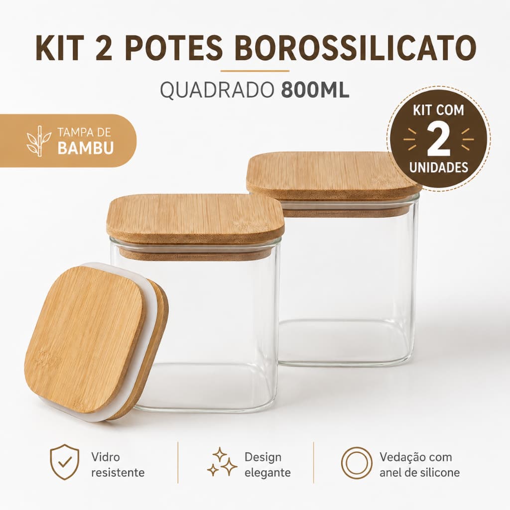 Kit 2 Potes Vidro Borossilicato 800ml Quadrado Tampa Bambu Hermético Organizador Cozinha