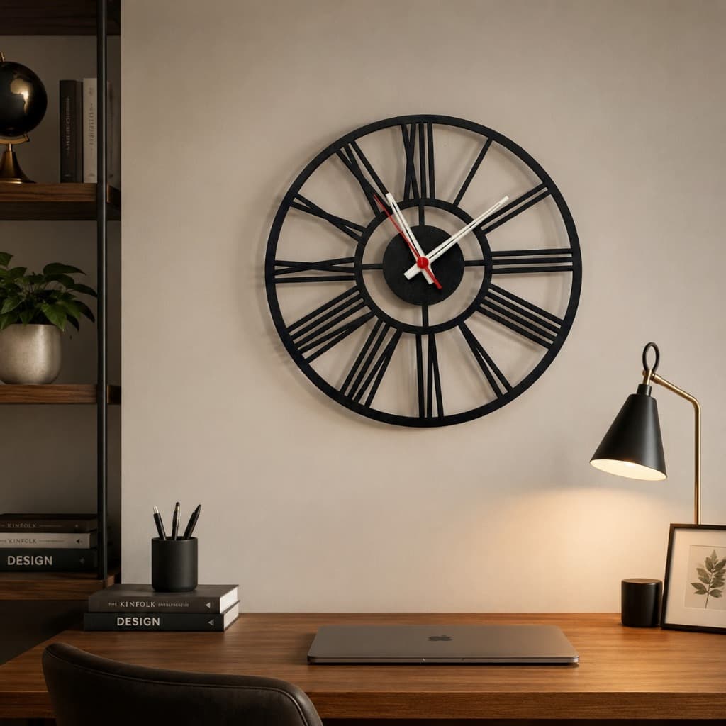 Relógio de Parede Decorativo Clássico Números Romanos 30x30cm em MDF Preto Vazado para Sala Escritório