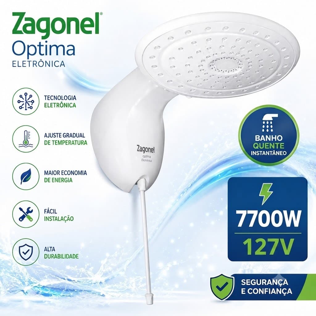 DUCHA ELETRÔNICA ZAGONEL OPTIMA 7700W 127V BRANCA CHUVEIRO ELETRÍCO CONTROLE DE TEMPERATURA