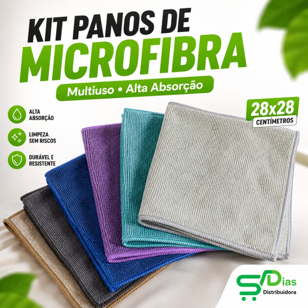 Kit Pano de Microfibra Multiuso 28x28cm Alta Absorção Não Solta Fiapo Cozinha Casa Carro