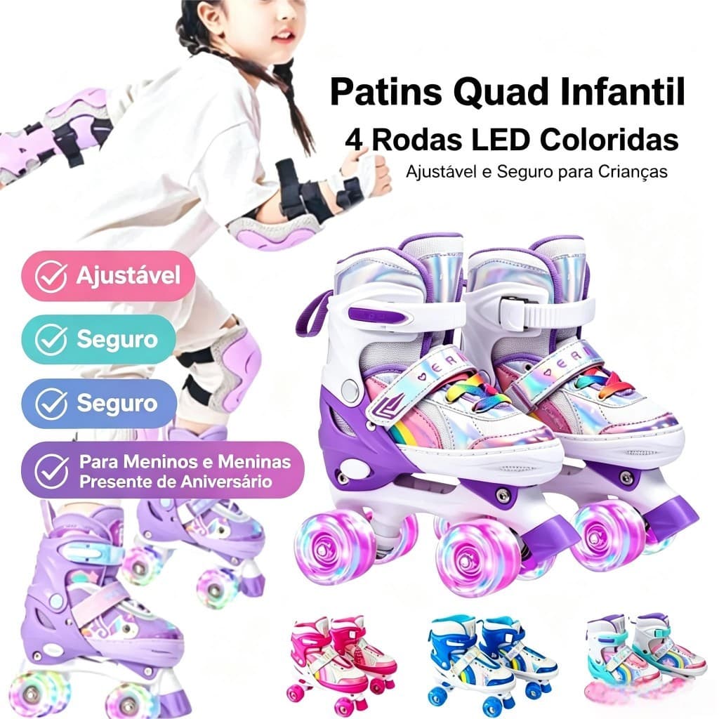 Patins Quad Infantil 4 Rodas LED Ajustável Velcro Antiderrapante Presente Menino Menina