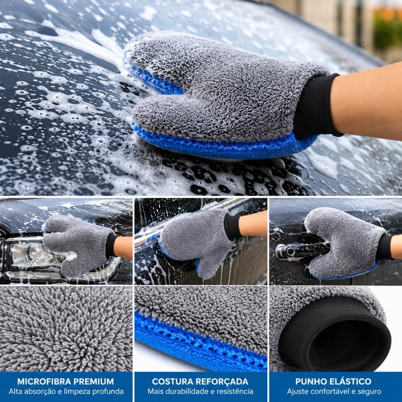 Luva de Microfibra Premium para Lavagem Automotiva Dupla Face Cinza e Azul Limpeza sem Riscos