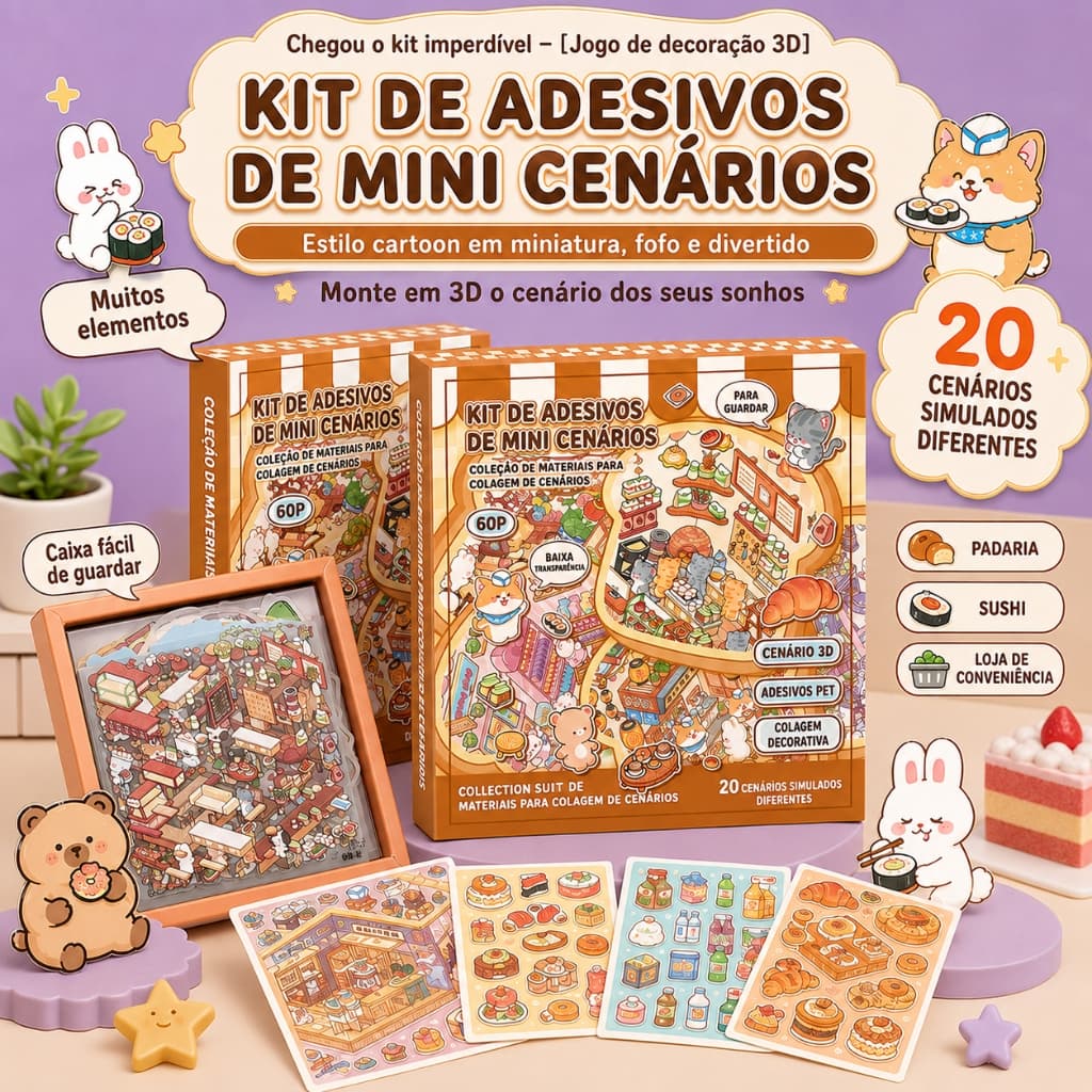 Kit de Adesivos de Mini Cenários 3D Estilo Cartoon em,Coleção de cenas em miniatura