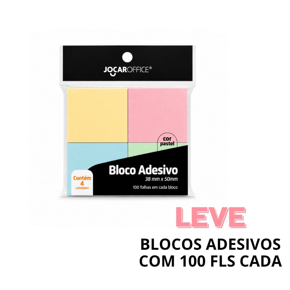 Bloco Adesivo Pastel 38 mm x 50 mm 4 blocos 100 fl cada Jocar Office Sticky Note Recados Organização