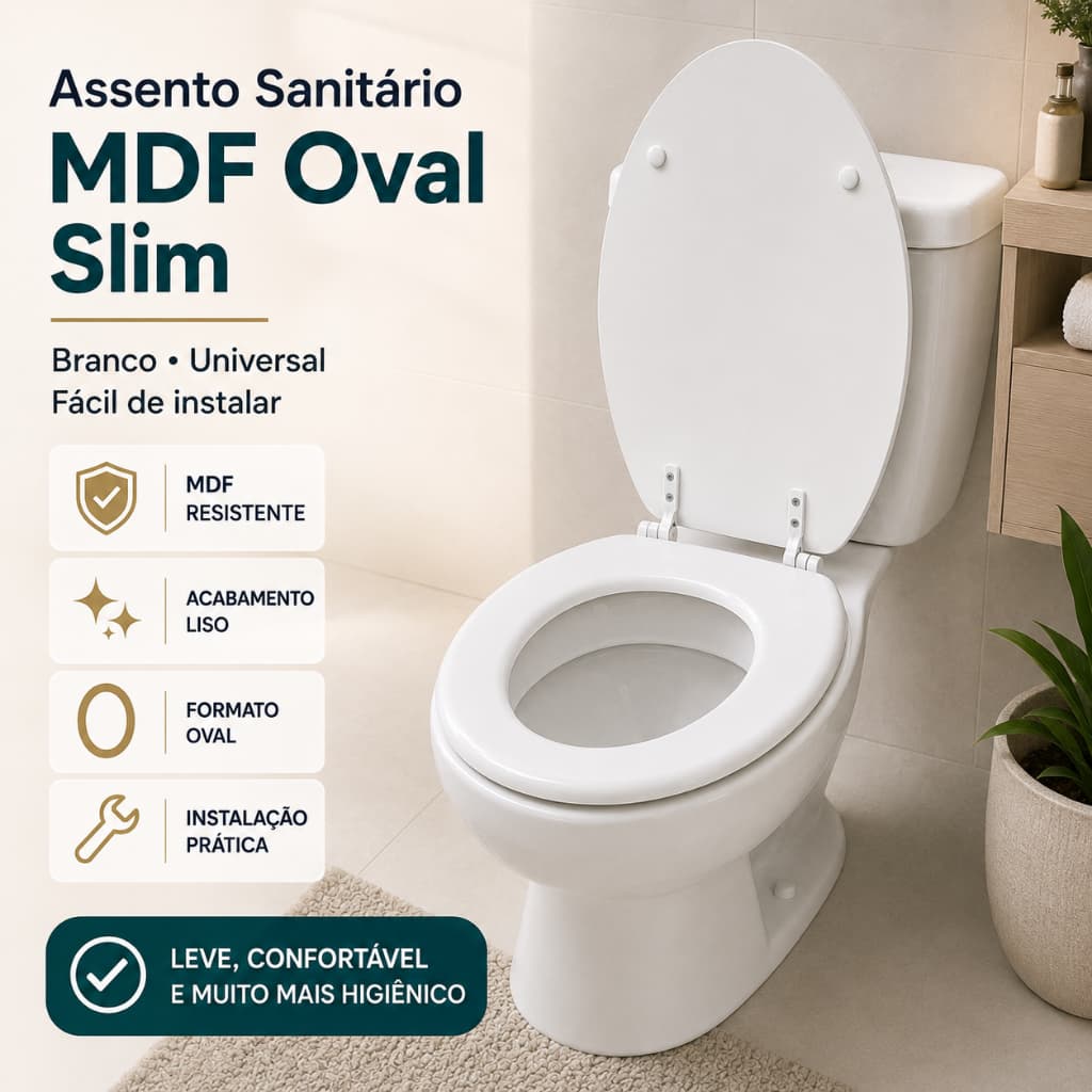Assento Privada Vaso Sanitário MDF Branco Oval Universal Tampa Vaso Banheiro
