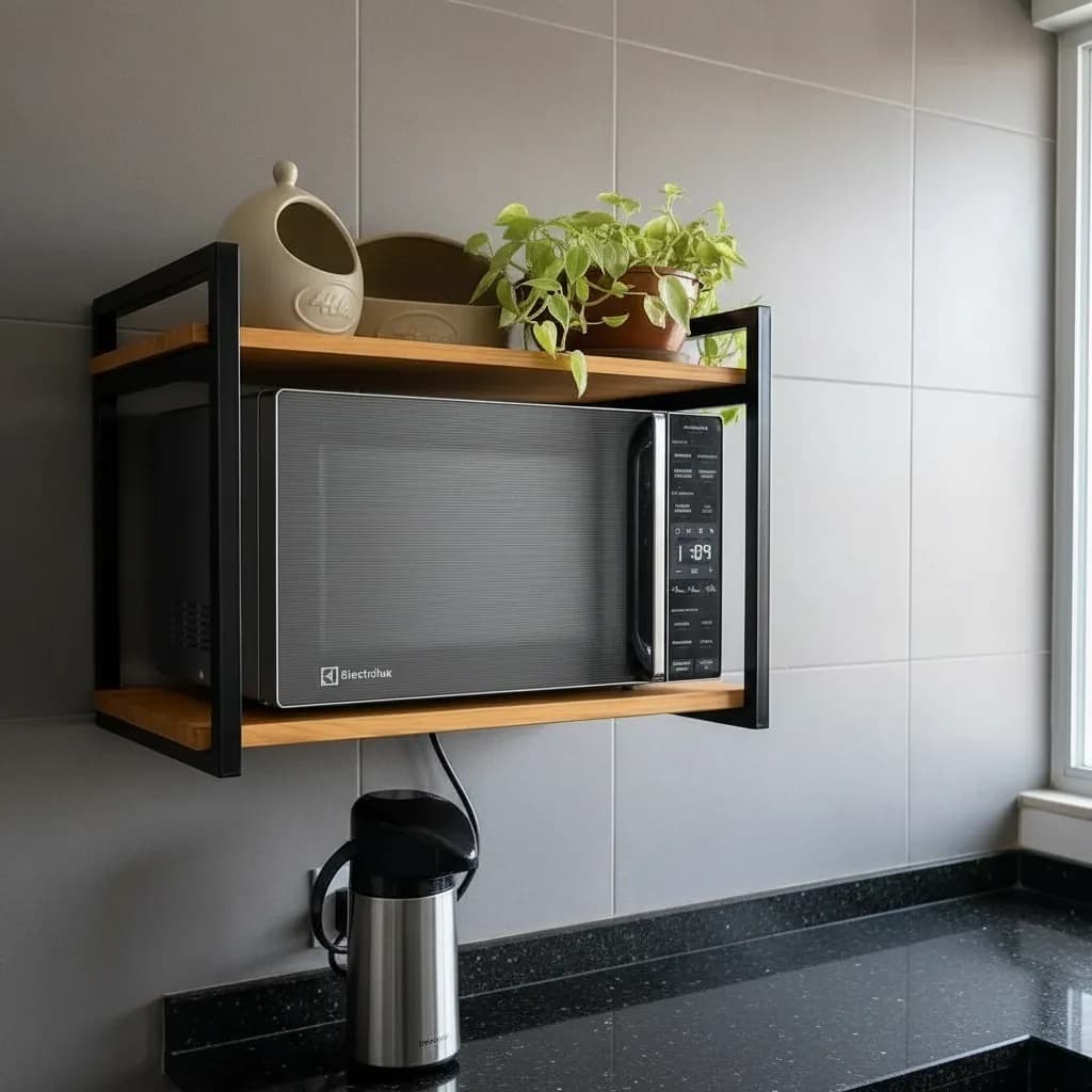 Prateleira Suporte Microondas Forno 60 Cm Em Madeira E Ferro Estilo Industrial