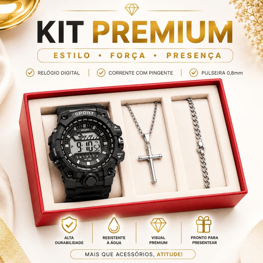 Kit Masculino Sport Relógio Digital Prova D’Água + Corrente Pulseira e Pingente