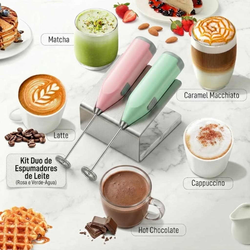 Kit 2 Mixer Inox Portátil Misturador Batedor Processador Bebidas Turbo Elétrico Fuê Leite Café Ovos