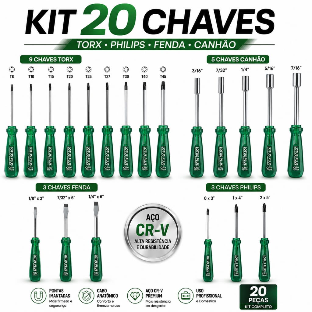 Kit 20 Chaves Plus - Fenda/Philips/Torx/ Canhão Lotus