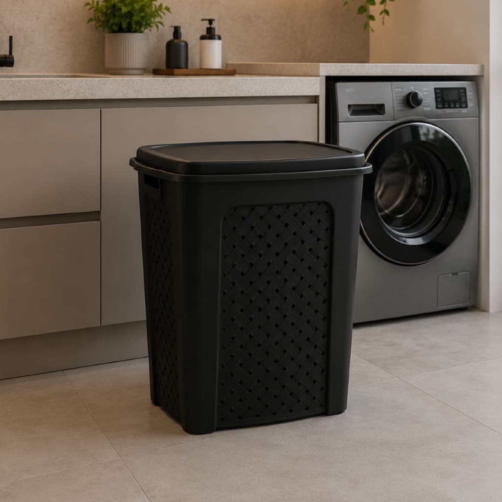 Cesto Para Roupa Suja Rattan 45L Com Tampa Organizador Lavanderia Banheiro Cesto Multiuso Plástico Resistente Preto