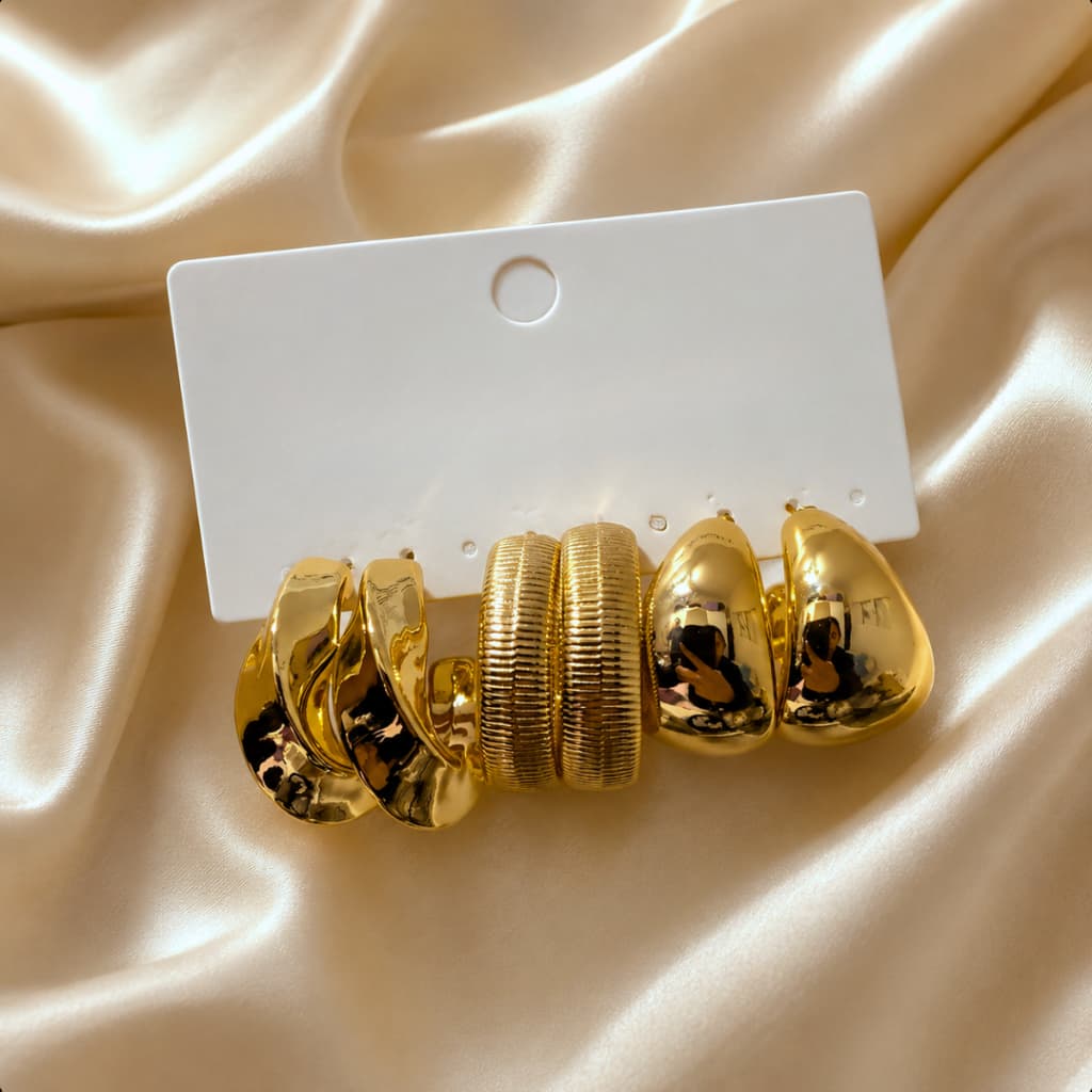Brincos Femininos Dourados Delicados Kit Trio Argola Gota Acessórios Bijuteria Elegantes Moderno