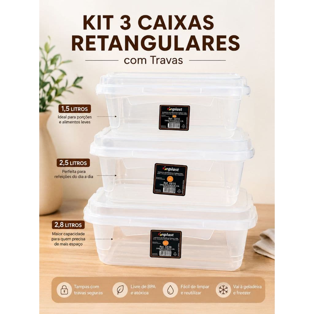 KIT 3 Caixas Retangulares Organizadoras com Travas Resistentes 1,5L - 2,8L Tamanhos Diferentes