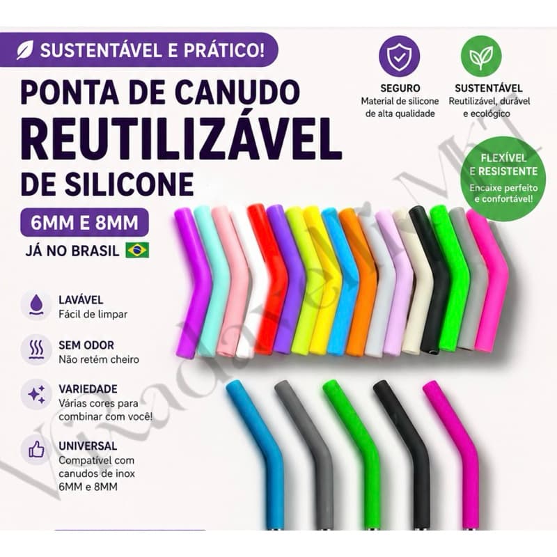 Ponta de canudo reutilizável de silicone 6MM e 8MM Já no brasil 🇧🇷