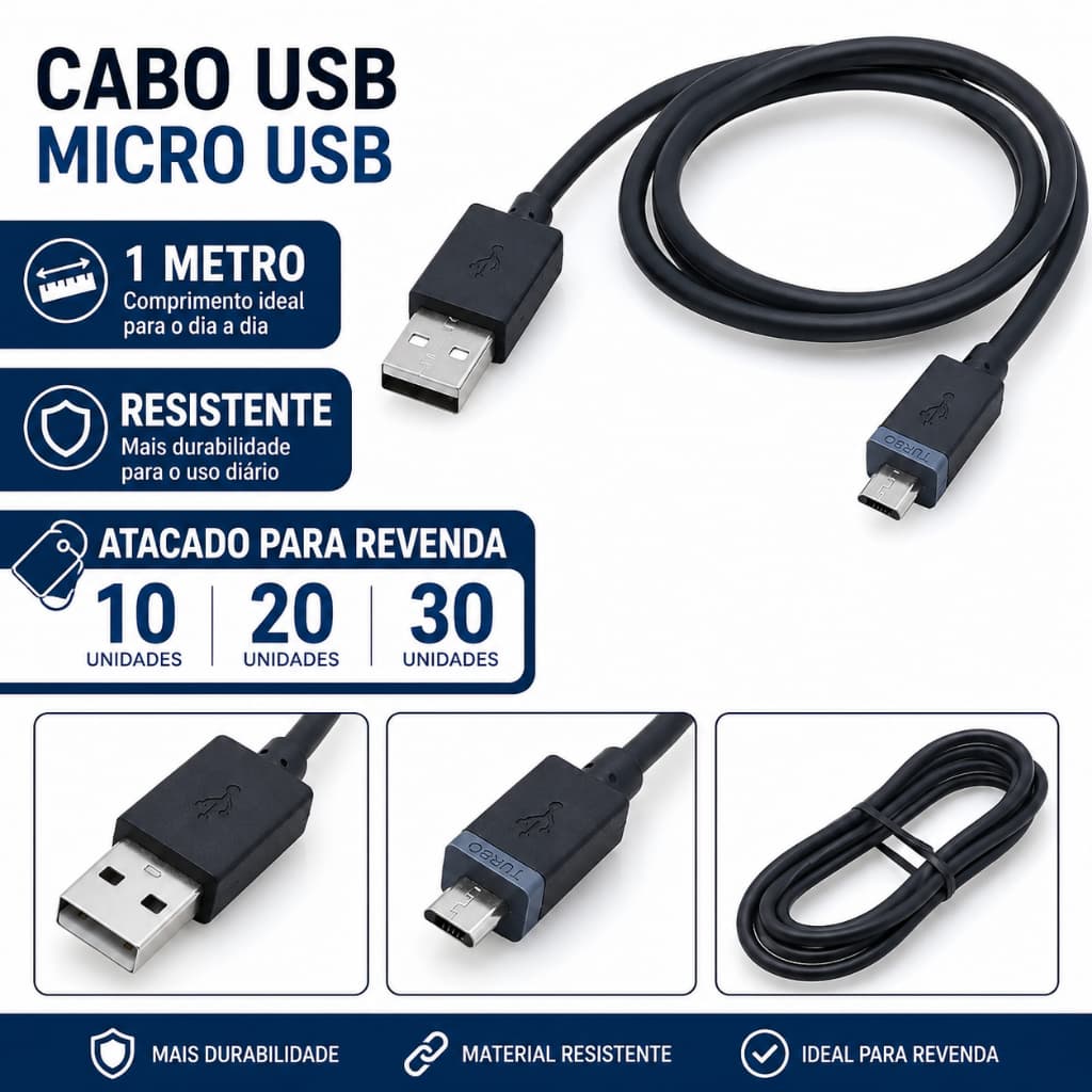 Kit com 10 20 30 Cabos V8 Micro USB Carregador 25W