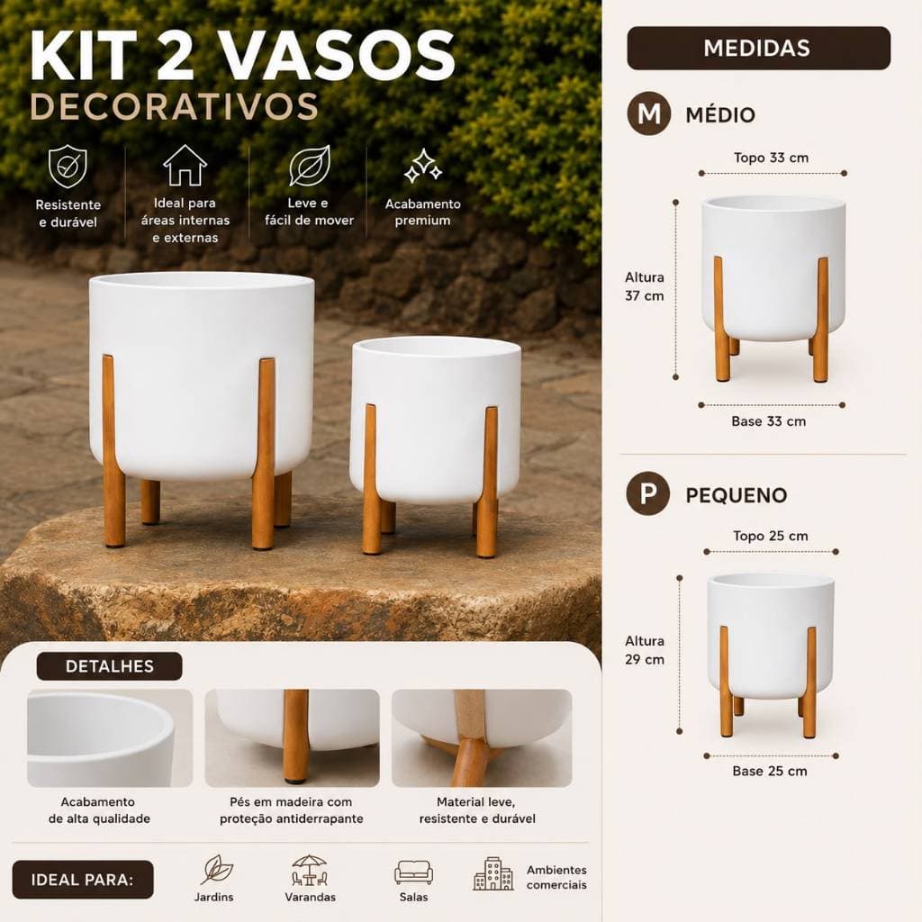 kit 2 Vasos de Planta Para Flor Decorativo Sala nórdico P e M cilindro com o pé de madeira design moderno