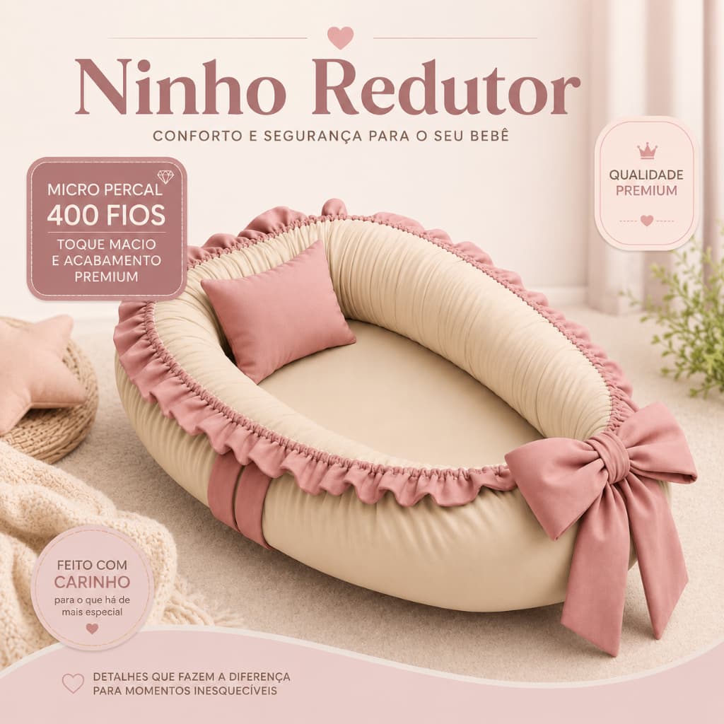 Ninho Redutor Bebê Micro Percal 400 Fios Luxo Conforto Premium com Zíper Lavável