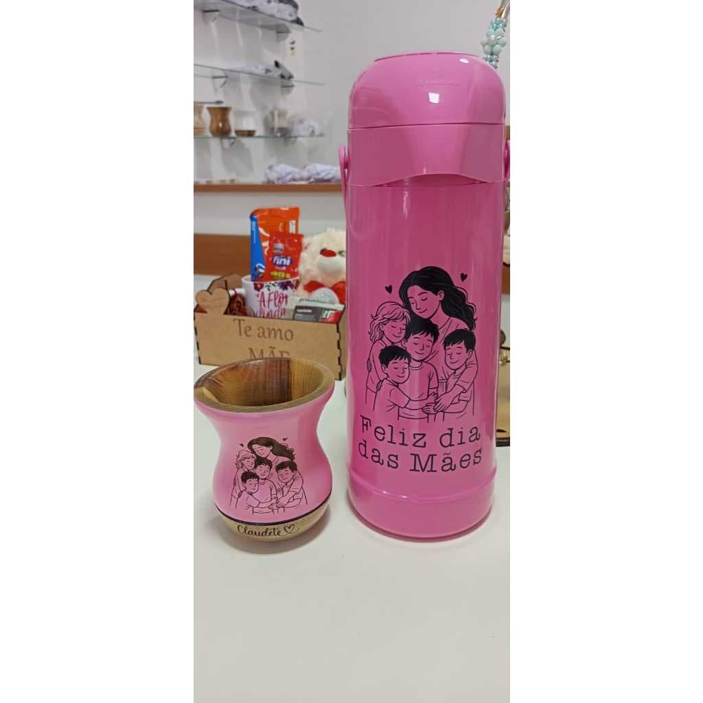 Kit Chimarrão Personalizado Garrafa Térmica + Cuia Imbuia – Presente Dia das Mães com Foto/Frase
