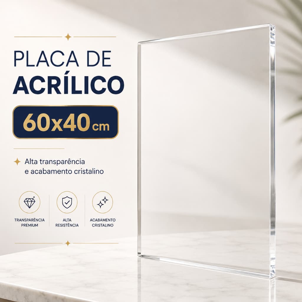 Placa de Acrílico 60x40cm 2mm á 10mm Transparente para Displays e Comunicação Visual