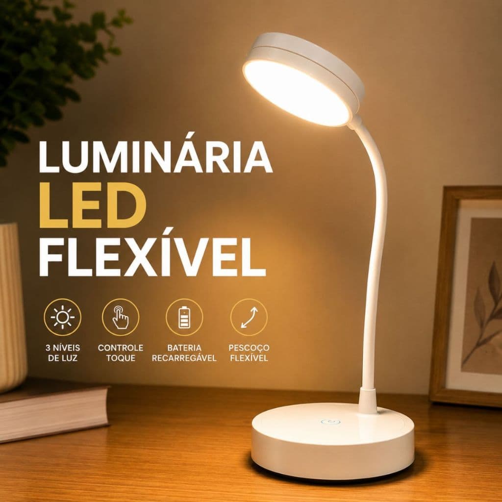 Luminária Mesa Flexível 3 Em 1 Recarregável USB LED Touch Bateria Interna, Design Compacto E Moderno