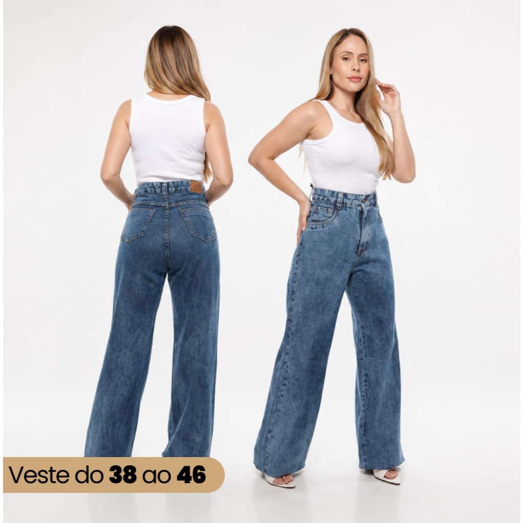 Calça Jeans Feminina Wide Leg Pantalona Cintura Alta Tecido Grosso Elegante Confortável